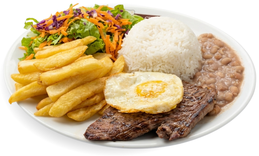 Prato Mr. Cheff: bife a cavalo com ovo, arroz, feijão, fritas e salada
