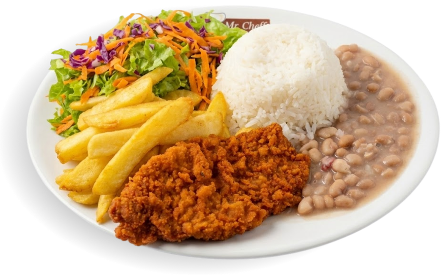 Prato Mr. Cheff: filé à milanesa com arroz, feijão, fritas e salada
