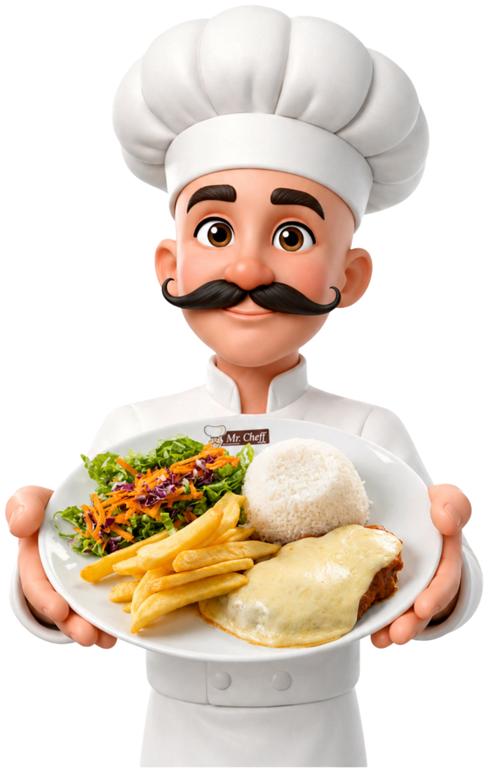Mascote Mr. Cheff segurando um prato de parmegiana, arroz, batata frita e salada