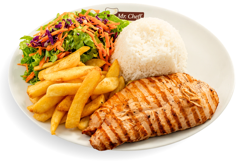 Frango grelhado com arroz, batata frita e salada