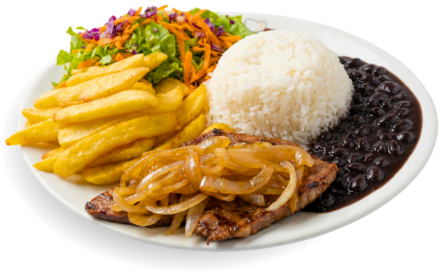 Prato Mr. Cheff: alcatra acebolada com arroz, feijão preto, fritas e salada