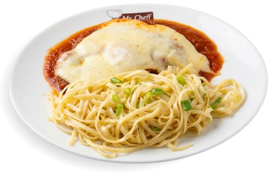 Parmegiana gratinada com macarrão
